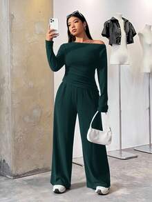 SHEIN EZwear 2 pezzi Tuta in maglia verde con manica lunga e pantaloni, vestibilità slim, taglie comode per donna
