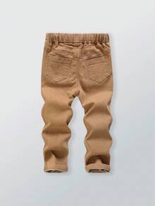 SHEIN Young Boy Elastic Waist Drawstring All-Match Simple Versatile Comfortable Stretchy Slim Fit Light Grey Denim Jeans Fall Winter - Coffee Brown - View 2