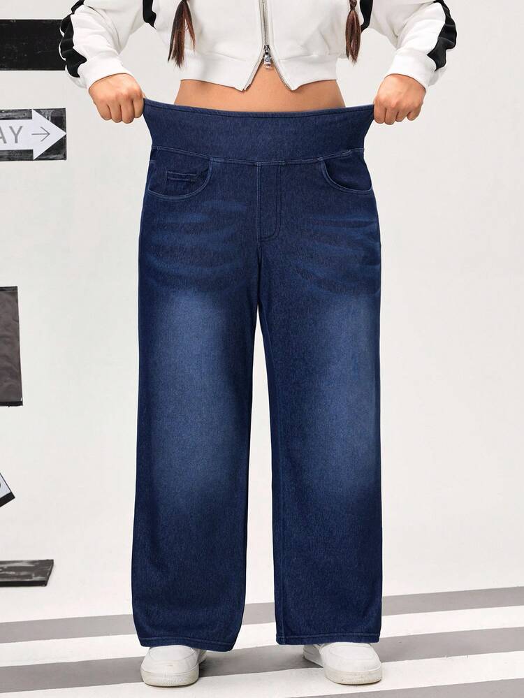 Flexra Jeans casuales de talla grande para mujer, pierna recta y holgada - Azul - Añade 4