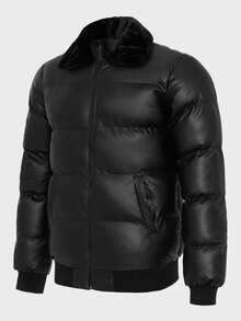 EURMUSE 加大码高品质PU面料毛领常规款冬季大衣 - 黑色 - 查看 1