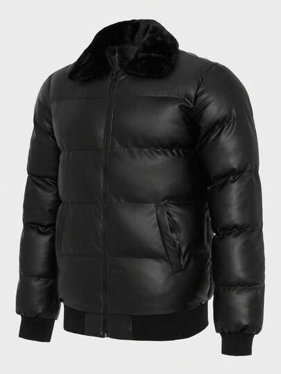 EURMUSE Plus Size High Quality PU Fabric Fur Collar Regular Winter Coat