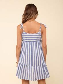 Coeurva Women Loose Striped Spaghetti Strap Summer Casual Dress With Ruffle Hem - Blue and White - View 5
