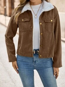 EMERY ROSE Chaqueta forrada térmicamente de bloque de color informal con cuello esponjoso, otoño/invierno - Marrón - Ver 4