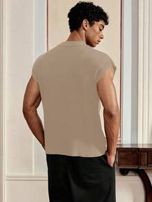 SWAVVY Áo ba lỗ tay ngắn dáng rộng thoải mái dệt kim cho nam, dành cho mùa thu đông - Màu be - Xem 2