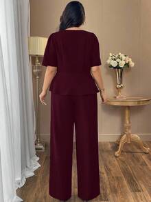 Auvina 大码女装休闲优雅方领纯黑色别致通勤衬衫外套+腰部收紧设计宽松长款直筒裤时尚休闲套装，高端阔腿裤 - 酒紅色 - 查看 2