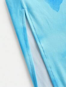 青少年女孩合身休闲简约舒适扎染花卉印花短款抹胸和紧身裙套装 - 淺藍色 - 查看 8