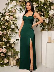SHEIN Belle Váy phù dâu thanh lịch xẻ tà hai bên màu trơn dành cho nữ (Người lớn) - Màu xanh lá cây đậm - Xem 6