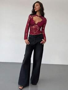 Aloruh Black Lace Music Festival Sheer Sexy Deep V Neck Long Sleeve Blouse For Women,Red Top - Burgundy - View 4