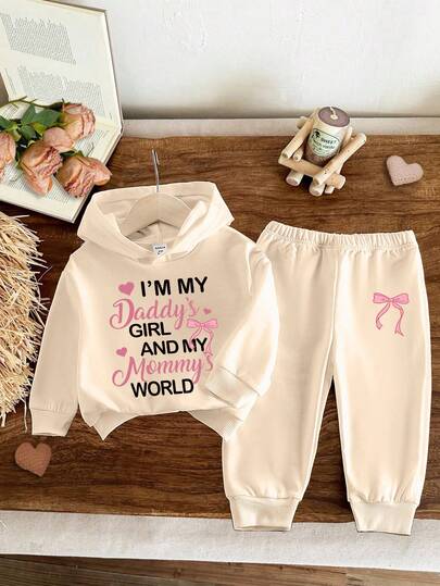 Vintaside Kids 1 Set Baby Girls Casual Cute Sweet Funny Letter Slogan Print Hoodie Sweatshirt And Sweatpants Set, Autumn/Winter, Apricot Fall