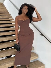 Alexandranx Vestido de verano con tirantes finos, con nudo delantero y espalda descubierta, de unicolor y minimalista para mujer - Marrón - Ver 4