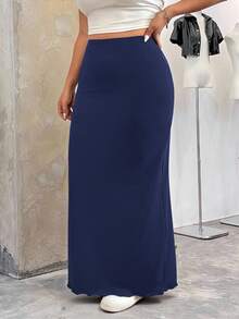 SHEIN EZwear Navy Blue Plus Size Maxi Pencil Skirt Dark Blue Skirt Blue Maxi Skirt - Navy Blue - View 3