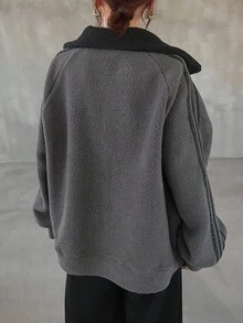 FRIFUL 女式常规领袖装饰丝带拼布灯芯绒撞色夹克 - 灰色 - 查看 3