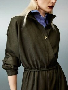 Airlisse Vintage Military Green Collared Shirt With Drawstring Jumpsuit, Suitable For Spring And Autumn Fall Cloth For Women