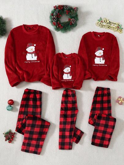 Girls' Casual Snowman Print Crew Neck Long Sleeve Top And Plaid Pants 2 Pieces Loungewear Set Fall Winter Red Winter Snowman Pajamas