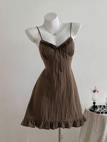 Comfortcana 女士休闲棕色细肩带迷你连衣裙，夏季 - 棕色 - 查看 3