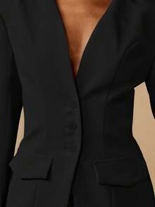 MISSGUIDED Boxy Fit Professional Slim Fit Blazer With Structured Shoulders Deep V Neck Single Button Front Long Sleeve Office Business Formal Wear Fall Winter Collection - Black - View 7