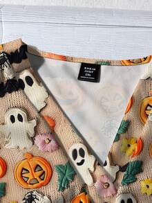 EMERY ROSE Plus Size Halloween Pumpkin & Ghost Graphic Textured Knit Casual Blouse, Suitable For Autumn, Fall Top - Multicolor - View 4