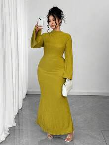 Elenzga 大码女式优雅纹理面料喇叭袖修身鱼尾下摆连衣裙，春秋季 - 綠色 - 查看 4