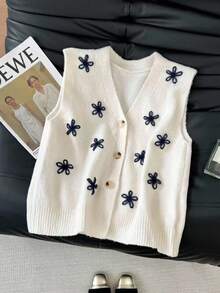 SHEIN Frenchy 女式优雅花卉图案前扣V领毛衣背心秋冬款 - 米色 - 查看 5
