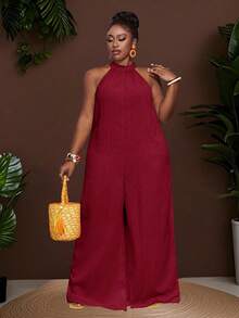 Veslaya 新款春夏休闲度假日常通勤挂脖圆领无袖超宽松阔腿加长裤白色女加大连体裤 - 酒紅色 - 查看 1