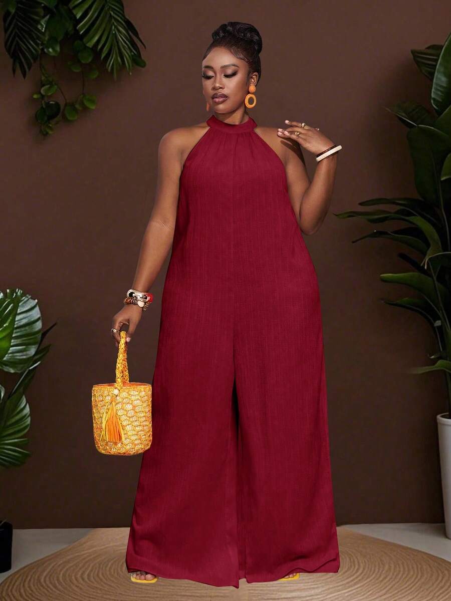 Veslaya 新款春夏休闲度假日常通勤挂脖圆领无袖超宽松阔腿加长裤白色女加大连体裤 - 酒紅色 - 查看 1