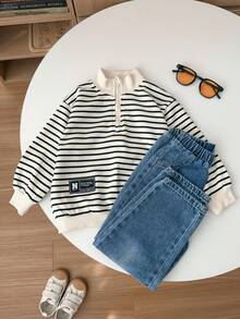 2 Stücke Kleine Jungen Mehrfarbig Herbst/Winter Halb-Rollkragen Reißverschluss Aprikose Loose Gestreift Pullover Hoodie und Lässige Verwaschen Lang Hose Trainingsanzug Set, geeignet für Zuhause, Outdoor, Schule, Straßenfotografie, Koreanischer Stil