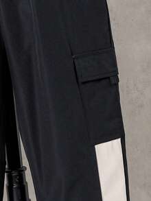 Tween Boy Contrast Color Zipper Collar Utility Pocket Jacket And Pants Casual Loose Suit, Autumn Fall Winter