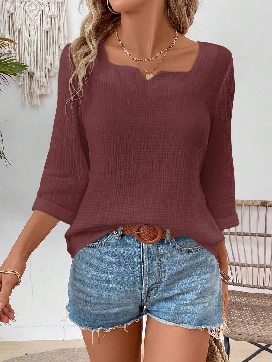 EMERY ROSE Áo cánh đơn giản màu trơn cổ vuông tay 3/4 dành cho nữ - Màu nâu Sô-cô-la - Xem 1