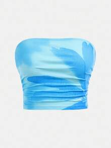 青少年女孩合身休闲简约舒适扎染花卉印花短款抹胸和紧身裙套装 - 淺藍色 - 查看 3