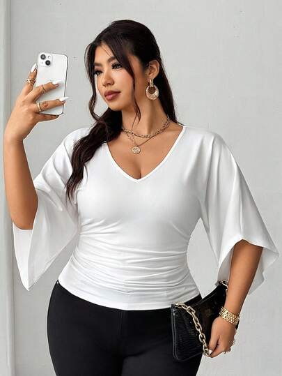 Elenzga Plus Size Women Waist Cinched Casual French Style Versatile T-Shirt