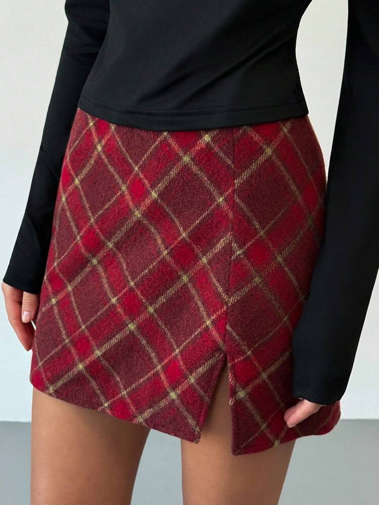 Aloruh 女士百搭百搭万圣节和圣诞节红色格子优雅A字迷你裙 - 紅色 - 查看 6