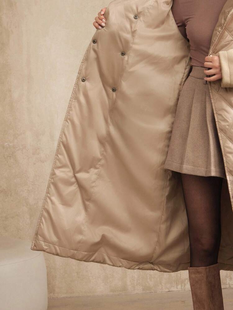 Casaco Acolchoado Médio com Cinto e Retalhos Feminino, Adequado para Outono, Inverno, Saída, Elegante, Formal, Festa, Chique, Ano Novo, Natal, Trabalho, Formatura, Casamento