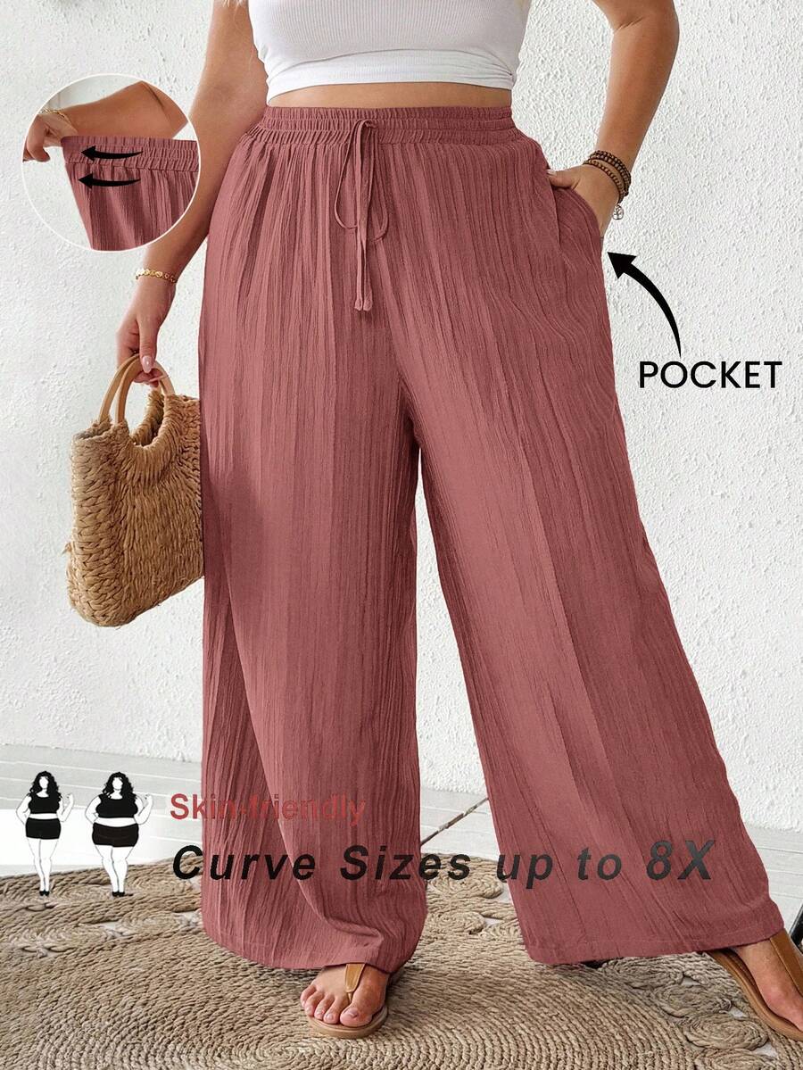 SHEIN CURVE+ Damen Große Größen Sommer Lässig Beach Outfits, Mode Business Pendler Elegante Weite Hosen mit Taschen, Lotus Rosa, Sommerhosen Sommer/Land/Strandurlaub Outfits/Strandoutfits/Strandmode