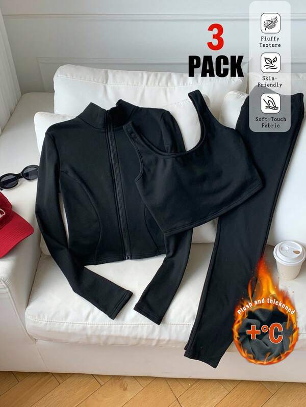 Comfortcana Conjunto de chaqueta con cremallera, camiseta y pantalones de punto con forro térmico para mujer, 3 piezas
