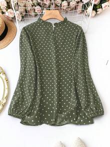 Áo kiểu thời trang tay dài cổ bèo nhún in chấm bi dành cho nữ cỡ lớn - màu xanh lá - Xem 2