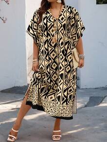 Breezaya Plus Size Women Geometric Print V-Neck Batwing Short Sleeve Loose Casual Dress - Multicolor - View 3