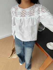 SHEIN Frenchy Women's Contrast Lace Round Neck Long Sleeve Blouse, Autumn,  Lace White Top,Hollow Embroidery Shirt,French Court Embroidery Patchwork Lace Shirt,Elegant French Office Shirt, White Western Top,Women's New 2025 Small Design Sense, Single Versatile Temperament, French Elegant, Delicate, French Style Dressing,Old Money,Simple, Office, Commuting, Elegant, Suitable For Daily Wear, Fall Clothes For Women,Autumn Outfits For Women, Clothes For New Year