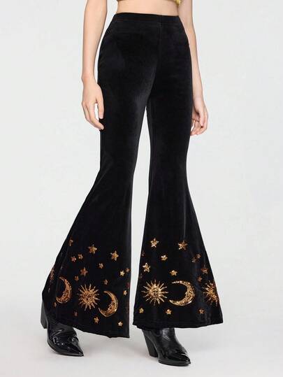 Hippie Pantalones de mujer con pierna acampanada y bordado de lentejuelas con estrellas y lunas