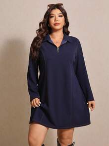 Elaquor Váy dài màu xanh navy tối giản, rộng rãi, có khóa kéo nửa thân dành cho nữ, mùa thu - Màu xanh lam - Xem 4