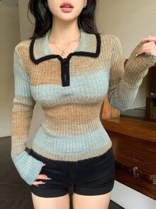 DAZY 女士时尚休闲修身性感针织毛衣，彩色扎染条纹撞色拼接毛绒半开襟，秋冬Y2K风格 - 墨綠色 - 查看 9