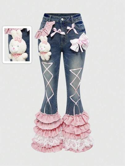 Kawaii Plus Size Women Y2K Teen Plaid Lace Rabbit Pendant Bow Bell Bottom Flare Pants