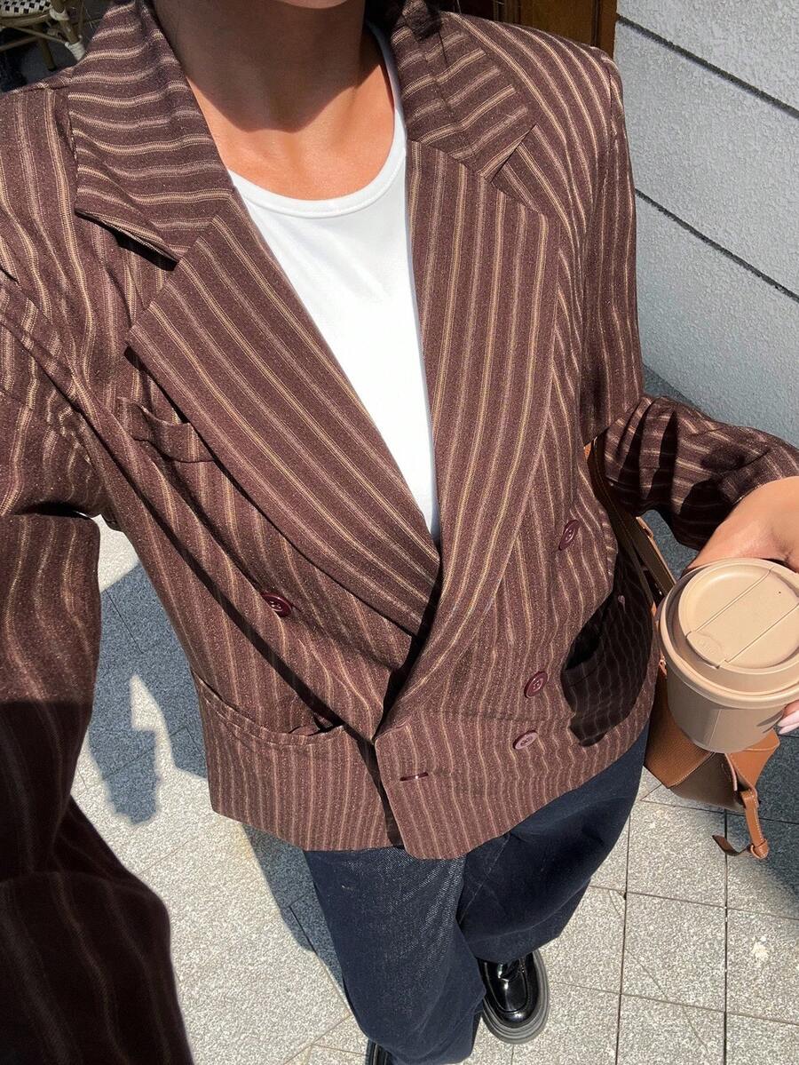 SHEIN Unity 条纹双排扣西装外套，学院风，秋冬 - 棕色 - 查看 1