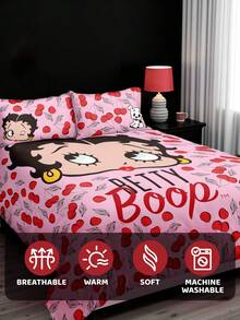 Betty Boop x SHEIN Bộ 3 món ga trải giường họa tiết quả anh đào và hình hoạt hình, chất liệu chải mịn, mềm mại và ấm áp, màu hồng, nhiều kích cỡ phù hợp với giường đơn/đôi/nữ hoàng/vua, họa tiết quả anh đào, ý tưởng quà tặng, thích hợp cho tiệc tùng, ngày lễ, Ngày Valentine. - Hồng - Xem 6