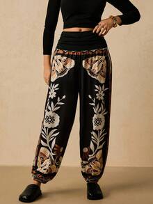 Travachic Plus Size Bohemian Casual Vacation Autumn Retro Print Loose Wide Leg Pants, Women Drawstring Knit Relaxed Trousers