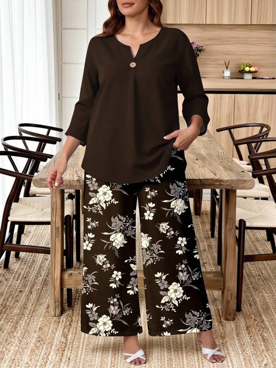 EMERY ROSE 大码度假休闲纯色衬衫和花卉印花裤两件套 - 彩色 - 查看 1