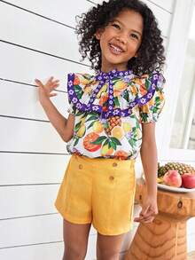 SHEIN 2pcs Young Girl Tropical Fruit Pattern Ruffle Collar Short Sleeve Top & Shorts Set,Elegant Summer,Matching,Family Vacation,Holiday Outfits For Party - Multicolor - View 6