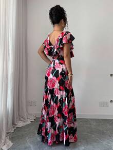 Elenzga Halloween V-Neck Digital Print Vacation Style Ruffle Waist A-Line Elegant Romantic Women Dress - Multicolor - View 2