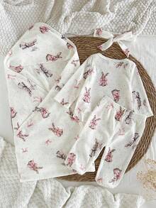 SHEIN 4 件套新生婴儿女孩/男孩柔软针织可爱兔子印花连体衣、裤子、襁褓包和头带套装，适合所有季节 - 彩色 - 查看 2