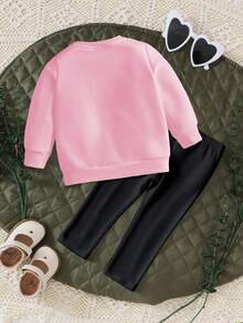 SHEIN 2 件套女婴休闲卡通兔子心形星星字母印花卫衣和裤子套装 - 彩色 - 查看 2