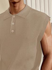 SWAVVY Áo ba lỗ tay ngắn dáng rộng thoải mái dệt kim cho nam, dành cho mùa thu đông - Màu be - Xem 7